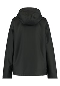Schwarze Jacke mit Kapuze und langen Ärmeln. Hergestellt aus einem glatten, wasserabweisenden Material. Minimalistisches Design ohne sichtbare Beschläge.