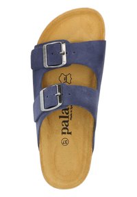 Blue suede slide sandal with two adjustable silver buckles, a cushioned tan insole, and a stamped logo on the footbed.