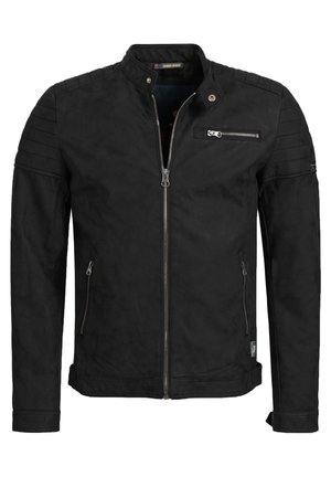 Zwarte, zip-up jas met opstaande kraag, gewatteerde schouderdetails, twee voorzakken en een borstzak met rits. Zacht, gestructureerd stof.