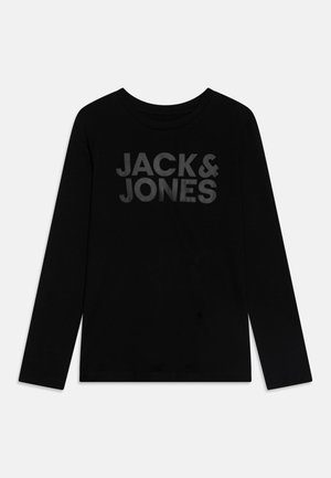 Chemise noire à manches longues en coton avec un col rond, arborant une grande impression gris "JACK & JONES" sur le devant.