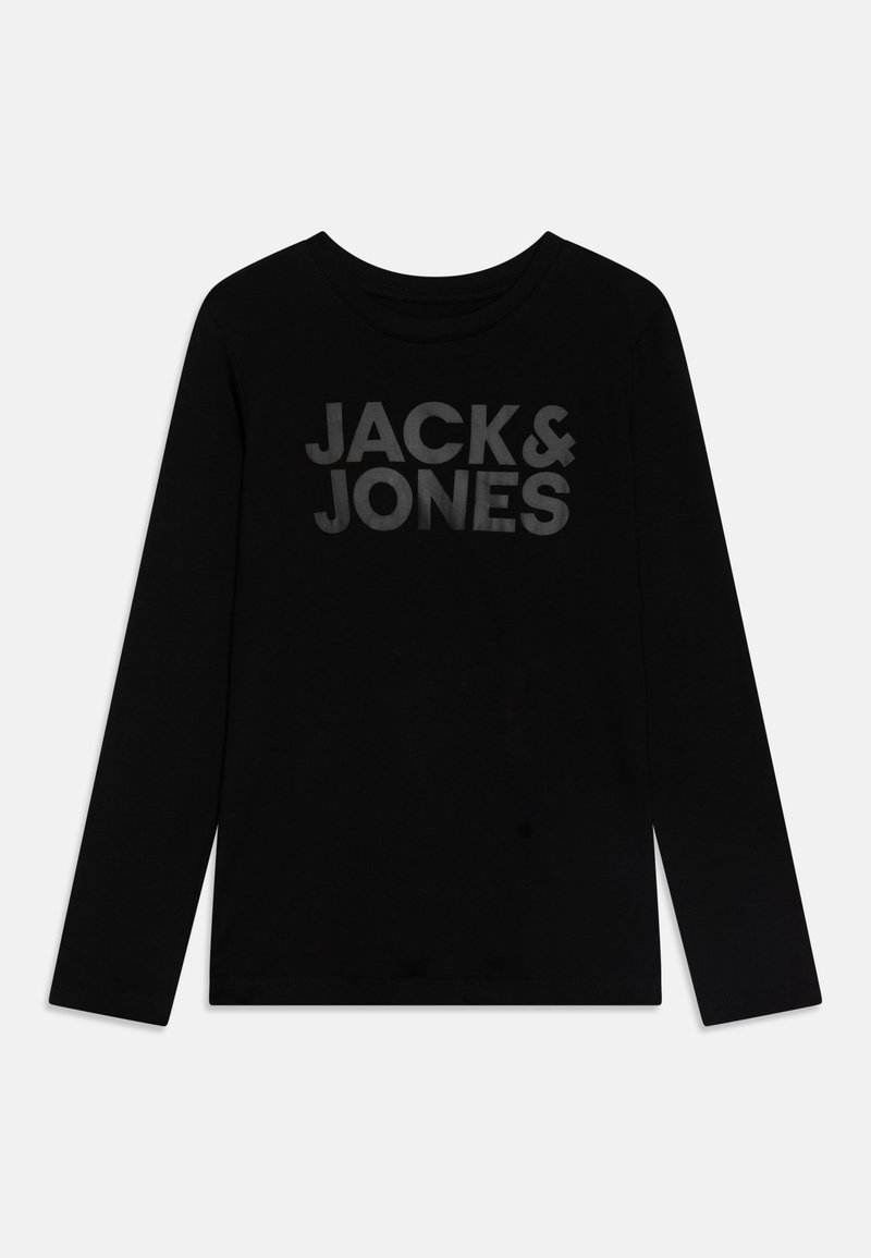 Črna dolgoročna majica iz bombaža z okroglim izrezom, na sprednji strani je velik sivi napis "JACK & JONES".