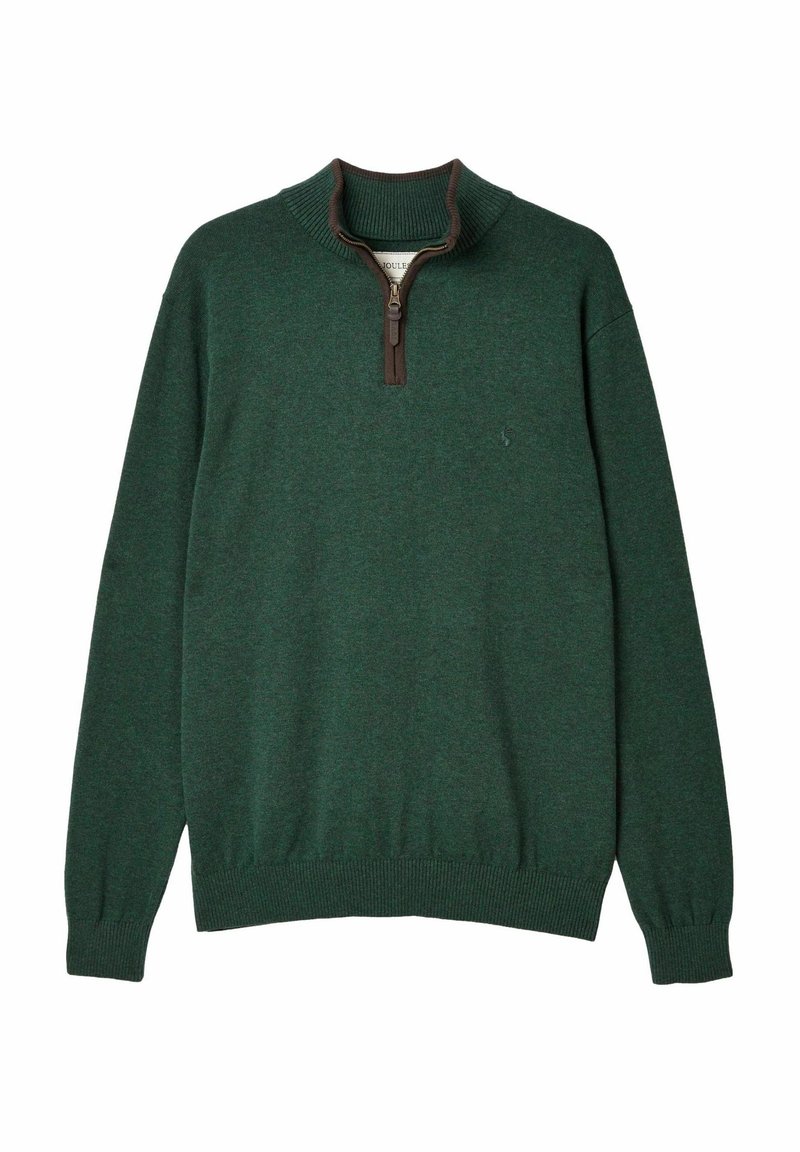 Zaļš džemperis ar ceturto rāvējslēdzēju, izgatavots no adītas auduma. Iespējas ietver ribotu apkakli un piedurknes, kā arī kontrastējošu brūnu rāvējslēdzēju.