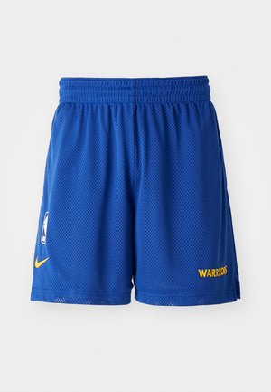 Blue mesh basketball shorts with an elastic waistband, featuring yellow "WARRIORS" text and a logo detail on the lower left side.