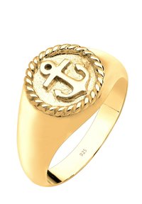 Guldfarvet ring med et rundt ankeremblem omkranset af et tvistet rebdesign. Fremstillet af 925 sterling sølv med en poleret overflade.