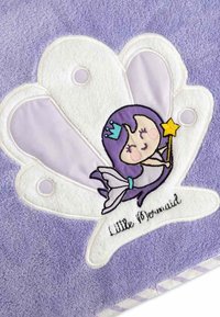 Purple towel with a white seashell appliqué featuring a smiling mermaid with purple hair holding a yellow star wand, labeled "Little Mermaid."