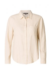 Hellbeiges Hemd zum Knöpfen, mit langen Ärmeln, aus Leinen mit glatter Textur, verfügt über eine Brusttasche und ein klassisches Kragenmodell.
