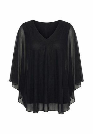 Schwarze transparente Chiffonbluse mit weiten 3/4-Ärmeln und V-Ausschnitt, fließend und locker sitzend.