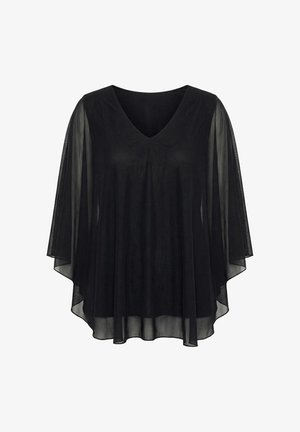 Zwarte doorschijnende chiffon blouse met 3/4 brede mouwen en een V-hals, soepel en losvallend.