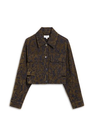 Veste courte en tissu à motifs vert foncé et marine. Présente un large col, des boutons sur le devant et deux poches poitrine.