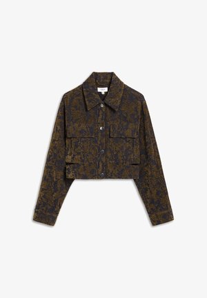 Veste courte en tissu à motifs vert foncé et marine. Présente un large col, des boutons sur le devant et deux poches poitrine.