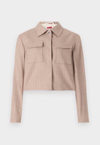 Kuttet beige jakke i et fint pinstripe-mønster, med kragehals, to brystlommer og detaljer med sølvknapper.