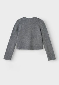 Grau geschnittenen Pullover mit gerippter Textur, langen RaglansÄrmeln, rundem Halsausschnitt und subtilen melierten Details auf dem Stoff.