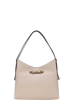 Sac à main beige clair en cuir lisse avec une forme courbée, doté d'un accent en métal doré et d'une seule bandoulière.