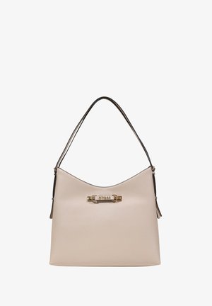 Hellbeige Handtasche aus glattem Leder mit geschwungener Form, ausgestattet mit goldfarbener Hardware und einem einzelnen Schulterriemen.