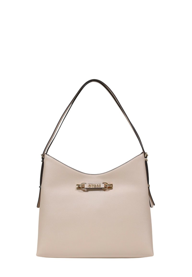 Borsa a tracolla di colore beige chiaro in pelle liscia con forma curva, caratterizzata da rifiniture in metallo dorato e una singola tracolla.
