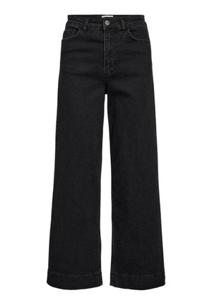 Vaqueros negros de tiro alto y pierna ancha con bolsillos delanteros, cierre de botones y bajos doblados.