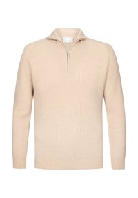 Kamelfärgad stickad tröja med halvdragkedja, med vertikal ribbstruktur och långa ärmar.