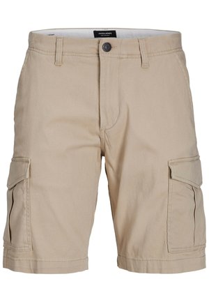 Beige Cargo-Shorts mit seitlichen Klappentaschen, Knopfverschluss, Gürtelschlaufen und mittellanger Beinlänge aus Baumwollstoff.