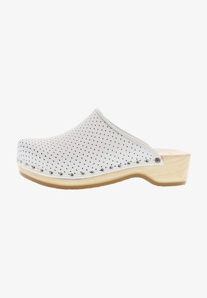 White perforated clogs with a smooth surface, wooden sole, and metallic studs along the edge. Rounded toe design for comfort.
