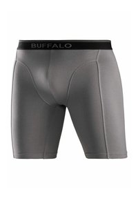 Graue Boxer-Briefs mit glatter Textur, figurschmeichelndem Design und einem schwarzen elastischen Bund, auf dem das Wort "BUFFALO" in Weiß zu sehen ist.