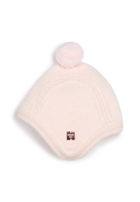 Cappello lavorato a maglia rosa chiaro dalla forma arrotondata, con un pom-pom soffice sulla parte superiore e un piccolo tag metallico con il marchio sul lato.