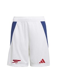 Vita atletiska shorts med blå sidopaneler, med en röd logotyp på vänster ben och en röd Adidas-accent på högra nederkanten. Elastisk midja.