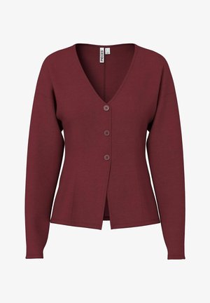 Bordowy kardigan z dekoltem w serek, długimi rękawami i pięcioma guziczkami z przodu. Wykonany z gładkiej tkaniny, posiada dopasowaną sylwetkę i subtelne przeszycia.