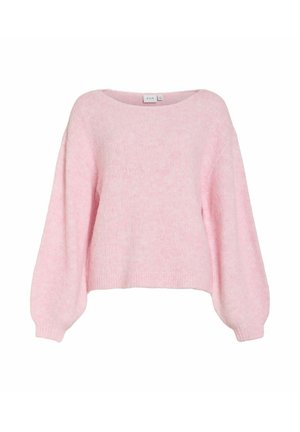 Pull en maille rose doux avec manches bouffantes et poignets côtelés, encolure ronde et coupe légèrement courte.