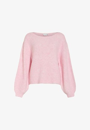 Myk rosa strikkegenser med ballongerm og ribbestrikkede mansjetter, rund halslinning og en litt kortere passform.