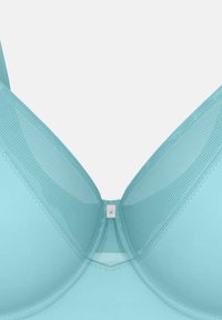 Turquoise bra featuring underwire, smooth cups, and mesh detailing. Includes a small logo tag at the center.
