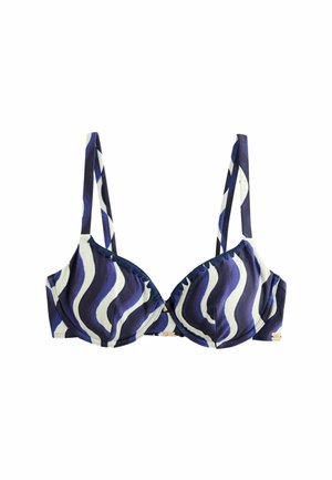 Büstenhalter mit geformten Cups und verstellbaren Trägern, mit welligem blau-weiß-schwarzem abstraktem Muster.