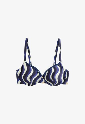 Büstenhalter mit geformten Cups und verstellbaren Trägern, mit welligem blau-weiß-schwarzem abstraktem Muster.
