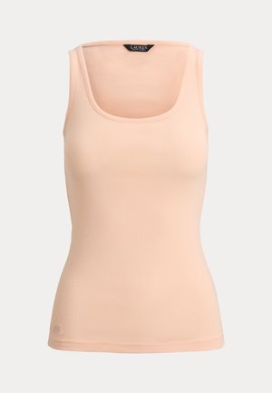 Bezruký, žebrovaný světle broskvový top s čtvercovým výstřihem a štítkem Lauren Ralph Lauren uvnitř límce.