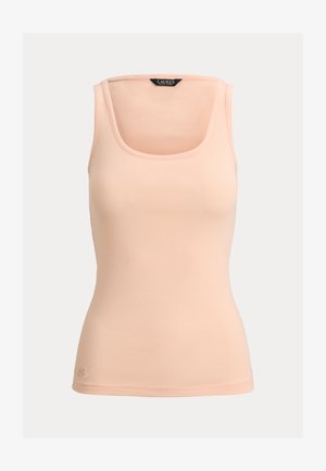 Bezruký, žebrovaný světle broskvový top s čtvercovým výstřihem a štítkem Lauren Ralph Lauren uvnitř límce.