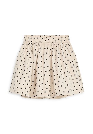Jupe beige à pois noirs, taille élastique froncée, coupe évasée et tissu léger.