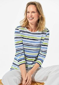 Langarmshirt met horizontale strepen in blauw, groen en zwart op een witte achtergrond. Zachte stof met een ronde halslijn.