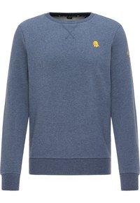 Gråblå sweatshirt tillverkad av mjukt tyg. Har en rund halsringning, ribbade muddar och nederkant. Inkluderar en gul logotypdetalj på bröstet.