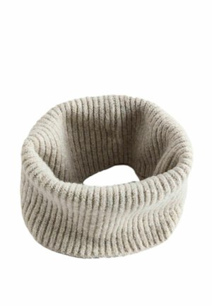 Beige ribstrikket halsvarmer eller pandebånd med blød tekstur, vist på hvid baggrund.