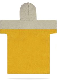 Gelbes Poncho-Handtuch mit grauem Kapuzen. Weiches Frottee-Material. Quadratische Form, offene Seiten und ein nahtloses Design ohne Muster.