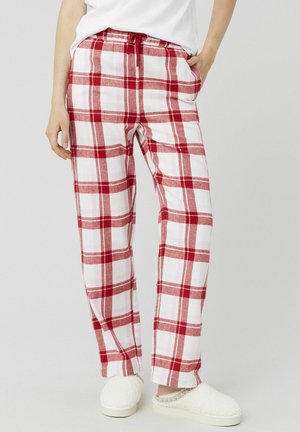 Pantalons de lounge à carreaux blancs et rouges avec taille à cordon de serrage et poches latérales, fabriqués dans un tissu doux et léger. Coupe décontractée et jambes droites.