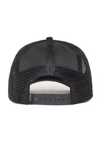 Gorra de malla negra con una correa ajustable negra sólida en la parte posterior, con paneles de ventilación y un diseño de visera curvada.