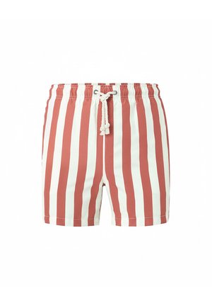 Herren-Badeshorts mit vertikalen rot-weißen Streifen und einem weißen Kordelzug am elastischen Bund.