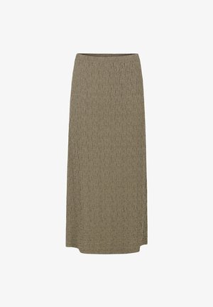 Knielanger olivgrüner Rock mit strukturiertem Muster, einer taillierten Bundweite und einer leicht ausgestellten A-Linien-Silhouette.