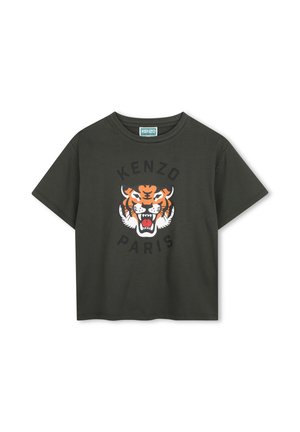 T-shirt vert foncé à manches courtes avec un visage de tigre rugissant et le texte "KENZO PARIS" imprimé sur le devant.