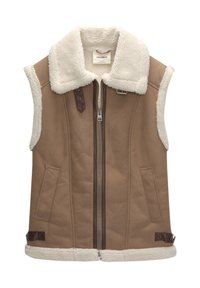 Gilet marrone senza maniche con colletto e fodera in finta pelliccia color crema. Presenta una zip frontale, tasche laterali e dettagli in pelle marrone.