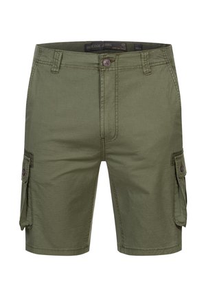 Olivgrüne Cargo-Shorts aus einem Baumwollmix, mit zwei aufgesetzten Seitentaschen, einem Knopfverschluss und gesteppten Details.