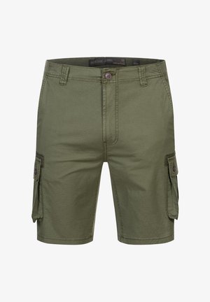 Olivgrüne Cargo-Shorts aus einem Baumwollmix, mit zwei aufgesetzten Seitentaschen, einem Knopfverschluss und gesteppten Details.