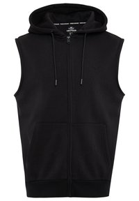 Sweat à capuche noir sans manches avec zip intégral à l'avant, capuche avec cordon de serrage et deux poches avant. Tissu doux avec ourlet côtelé et détail logo discret.