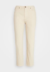 Beige džíny s rovnými nohavicemi, zakončené předními knoflíky, s poutky na opasek a bočními kapsami. Měkká textura, bez vzorů.