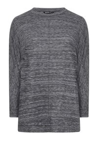 Långärmad topp i mörkgrå melerad tyg med en texturerad yta, med rundad halsringning och avslappnad passform. Mjuk och lätt design.